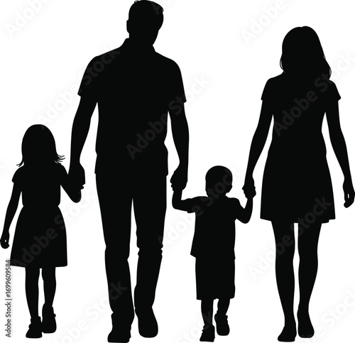 Silhouette of happy family walking together holding hands, parents with two kids, unity, love, bonding, outdoor activity, parenthood, togetherness