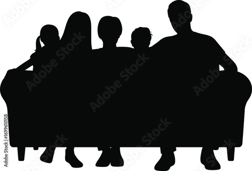 Silhouette of large family sitting on couch together, five people, bonding, love, parenting, home life, unity, togetherness, relaxation scene