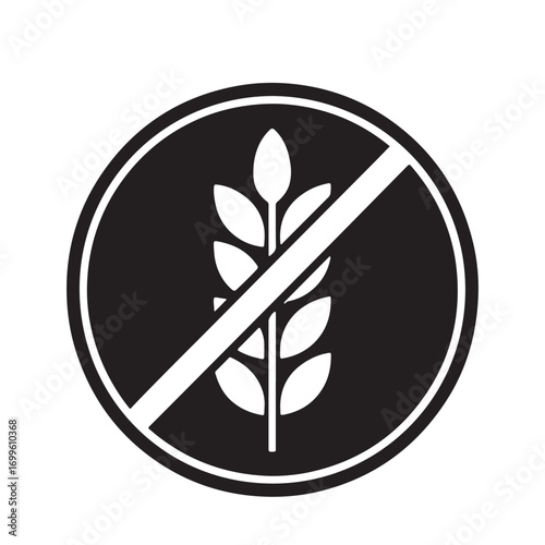 Black and white circular symbol indicating no wheat or gluten content in food products isolated on white background silhouette