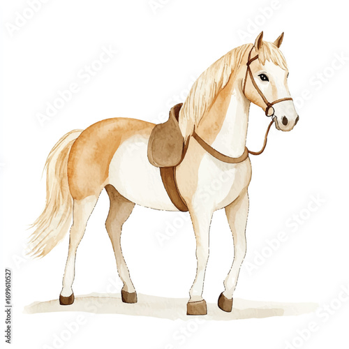 A Beautiful Palomino Horse Standing Proudly with a Saddle.
