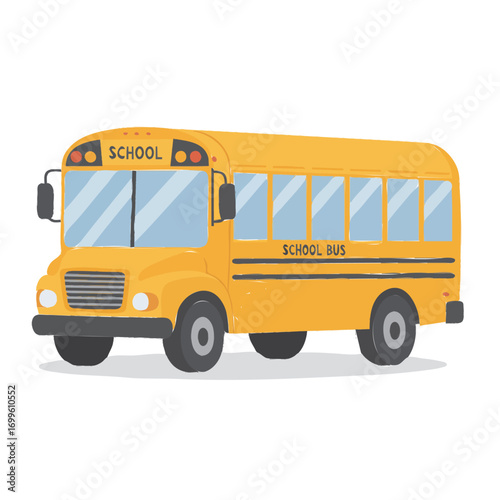 A bright yellow school bus with the word SCHOOL on the front and SCHOOL BUS on the side, depicted in a simple, flat illustration style.