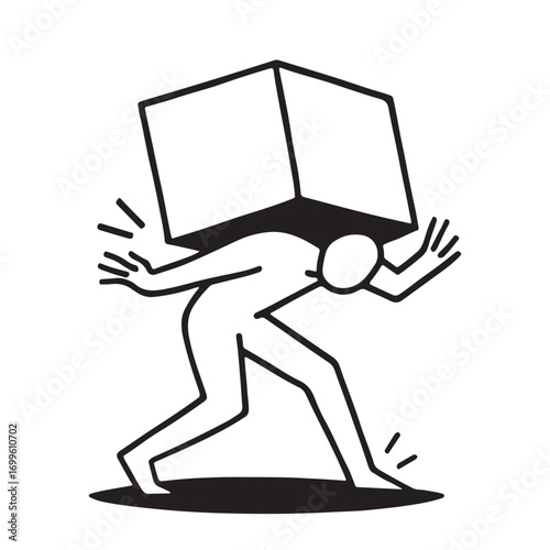 Stylized silhouette of a person carrying a large heavy cube on their head isolated on white background
