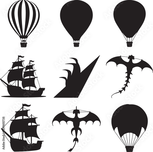Collection of Silhouetted Hot Air Balloons Sailing Ships and Dragons Keywords: silhouette, hot air
