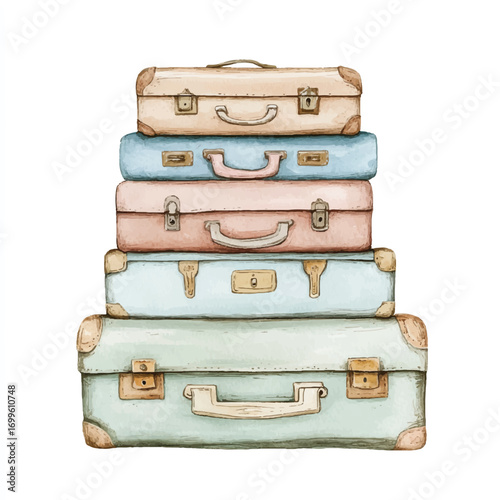 A beautiful watercolor illustration of stacked vintage suitcases.