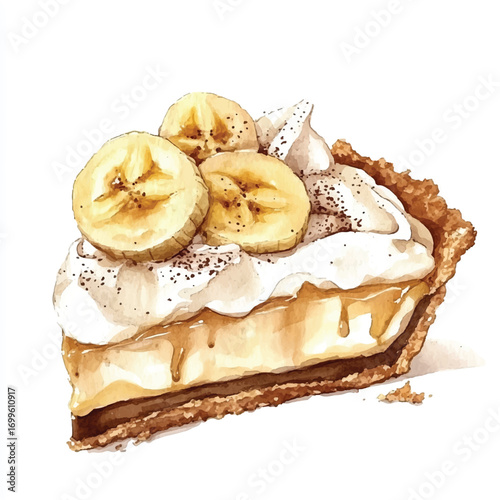 A delicious slice of banana cream pie watercolor illustration.