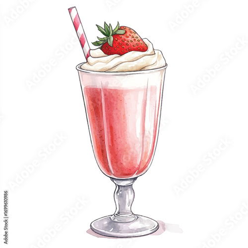 A delicious strawberry milkshake with whipped cream and a fresh berry on top.