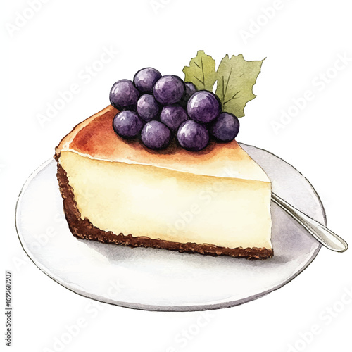 A delicious slice of creamy cheesecake topped with fresh grapes.