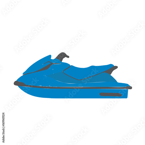 A blue jet ski is shown in a side profile against a white background.