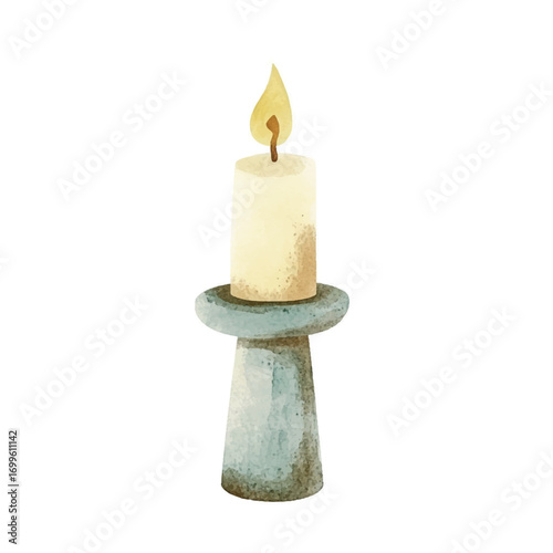 A lit candle in a holder creates a warm and inviting atmosphere.