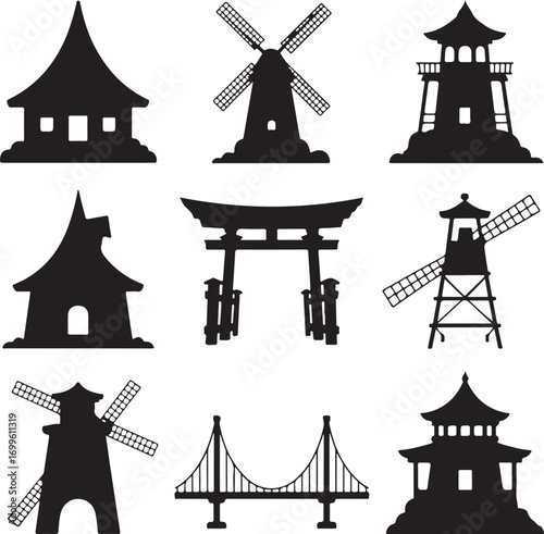 Silhouette collection of diverse architectural structures on white background Keywords: silhouette