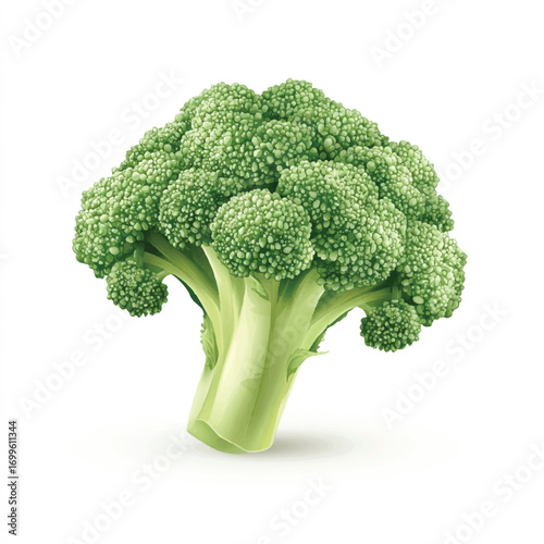 A single fresh broccoli floret isolated on a white background.