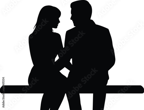 Silhouette of romantic couple sitting on bench, love relationship, intimate moment, dating scene, emotional connection, park romance, sunset background