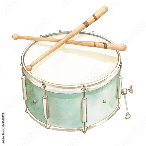 A watercolor illustration of a snare drum with drumsticks resting on top.