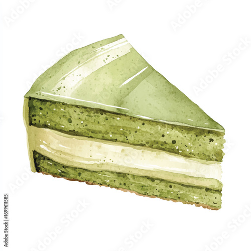 A watercolor illustration of a slice of matcha green tea cake.