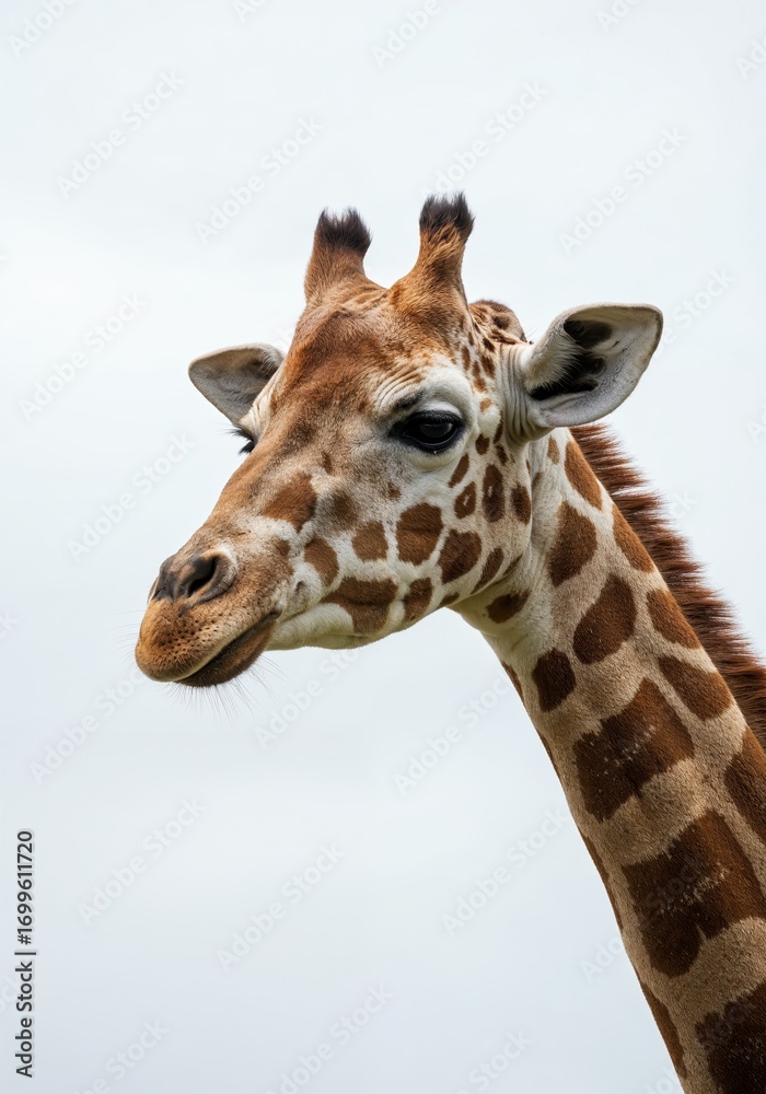 Naklejka premium Giraffe portrait: a close-up view of a giraffe with its characteristic spots, graceful neck, and distinct appearance. Showcasing the majesty of this African icon in a natural light.