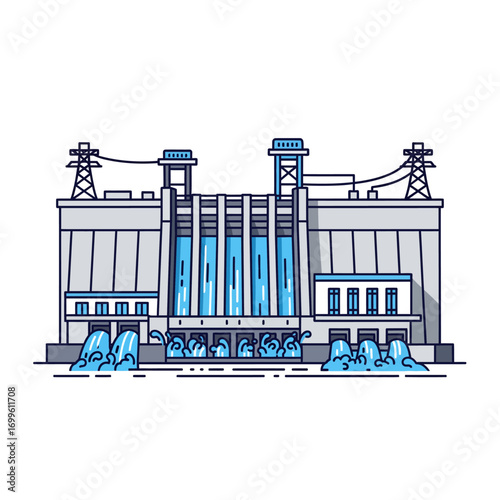 A detailed illustration of a hydroelectric power plant generating electricity with water flowing through its gates, featuring transmission towers.
