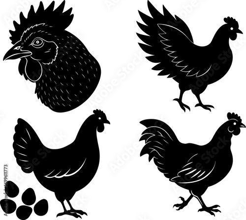 Hen silhouette vector, Black silhouette of Hen vector bundle logo illustration set, Hen head art, Hen vector illustration