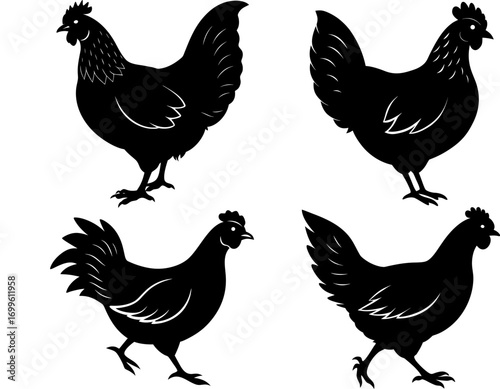 Hen silhouette vector, Black silhouette of Hen vector bundle logo illustration set, Hen head art, Hen vector illustration