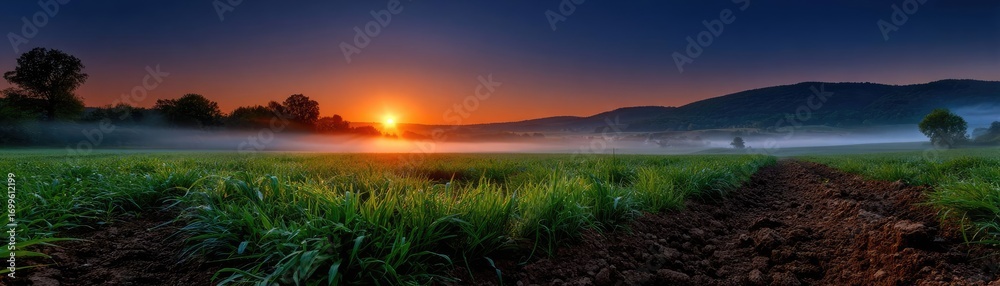 Obraz premium Agricultural growth showing benefits of healthy soil concept. Mesmerizing sunrise over misty field with lush green grass.