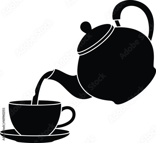 Silhouette of Teapot Pouring Tea into Cup, Hot Beverage Vector Illustration, Tea Time Concept, Black Tea Kettle and Teacup Art