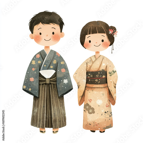 Adorable cartoon illustration of a Japanese boy and girl in traditional kimono outfits.