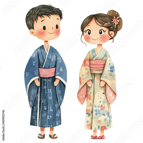 Adorable Japanese boy and girl couple wearing traditional kimono outfits.