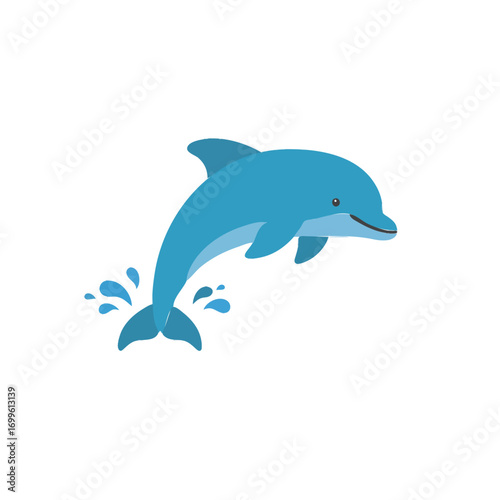 A vibrant blue dolphin is leaping joyfully out of the water, with splashes of water erupting around it.