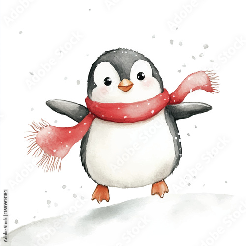 Adorable watercolor baby penguin wearing a cozy red scarf.