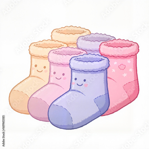 Infant sock pack isolated on white background with smiling faces  