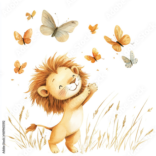 Adorable Watercolor Baby Lion Cub Playing with Butterflies.