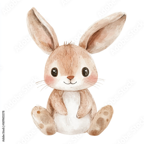 Adorable watercolor bunny rabbit with big eyes and fluffy fur sitting.