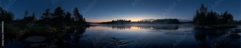 Fototapeta premium Serene lake reflection at dawn nature panorama hdr landscape tranquil environment wide-angle viewpoint panoramic beauty