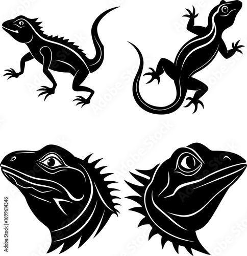 Lizard silhouette vector, Black silhouette of lizard vector bundle logo illustration set, lizard head art,  vector illustration
