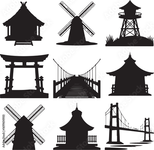 Collection of nine black silhouette architectural structures and windmills architecture