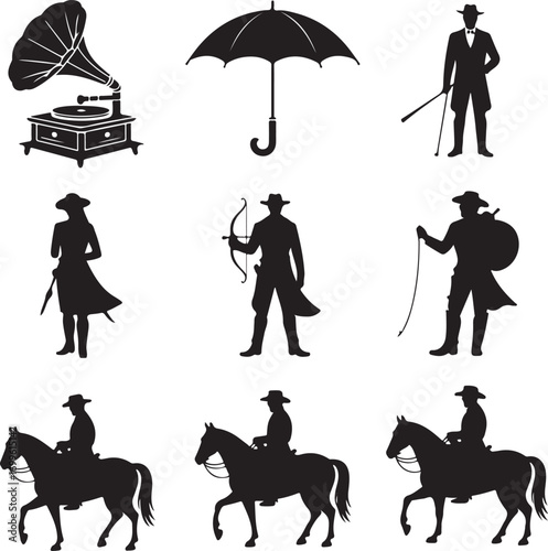 Collection of Vintage and Cowboy Silhouettes with Gramophone and Umbrella Keywords: silhouette