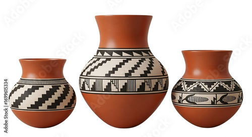 Three native american pottery vases with geometric designs