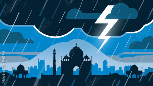 illustration of New Delhi with dark storm with lightning flashing vector design template