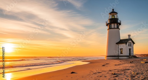 Coastal lighthouse at sunset on a sandy beach with ocean waves and