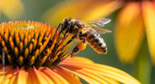 Honeybee collecting nectar from an orange coneflower blossom in bright