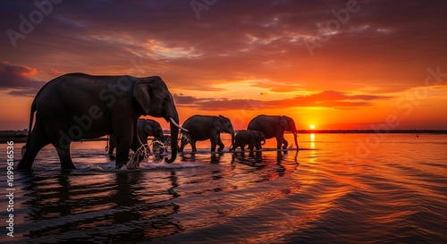 Herd of elephants walking through water at sunset in Africa dramatic