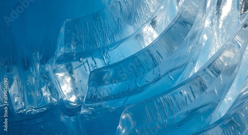 Abstract close-up of translucent blue ice layers with light
