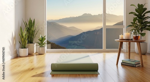 Serene yoga room with rolled mat plants and a panoramic mountain view