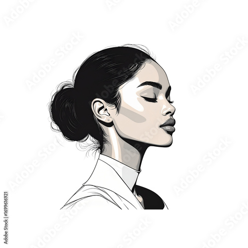 Stylish line drawing of a woman with a high bun, graceful neck posture, elegant side profile, serene expression, minimalist black lines on white background