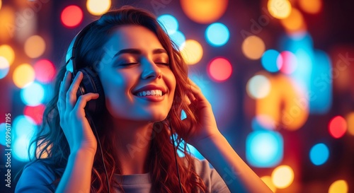 Young woman listening to music with headphones eyes closed smiling