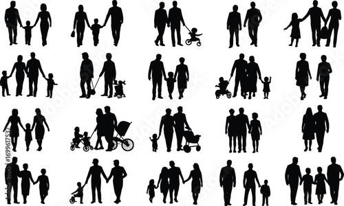 Silhouettes of diverse families walking together, parents holding children’s hands, family bonding, happy family moments, parenting, love, support, outdoor activities