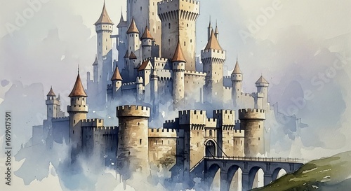 Watercolor painting of a majestic medieval castle with towers and