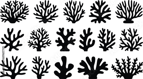 Black coral silhouette collection, underwater marine life, ocean reef shapes, tropical sea plants, diverse coral reef designs, nature vector art