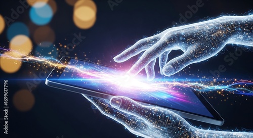 Digital hands touch tablet screen glowing circuits and energy streams