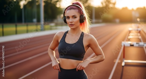 Fit woman with pink hair wearing headphones and sportswear on running