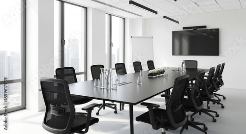 Modern Conference Room with Large Windows City View and Black